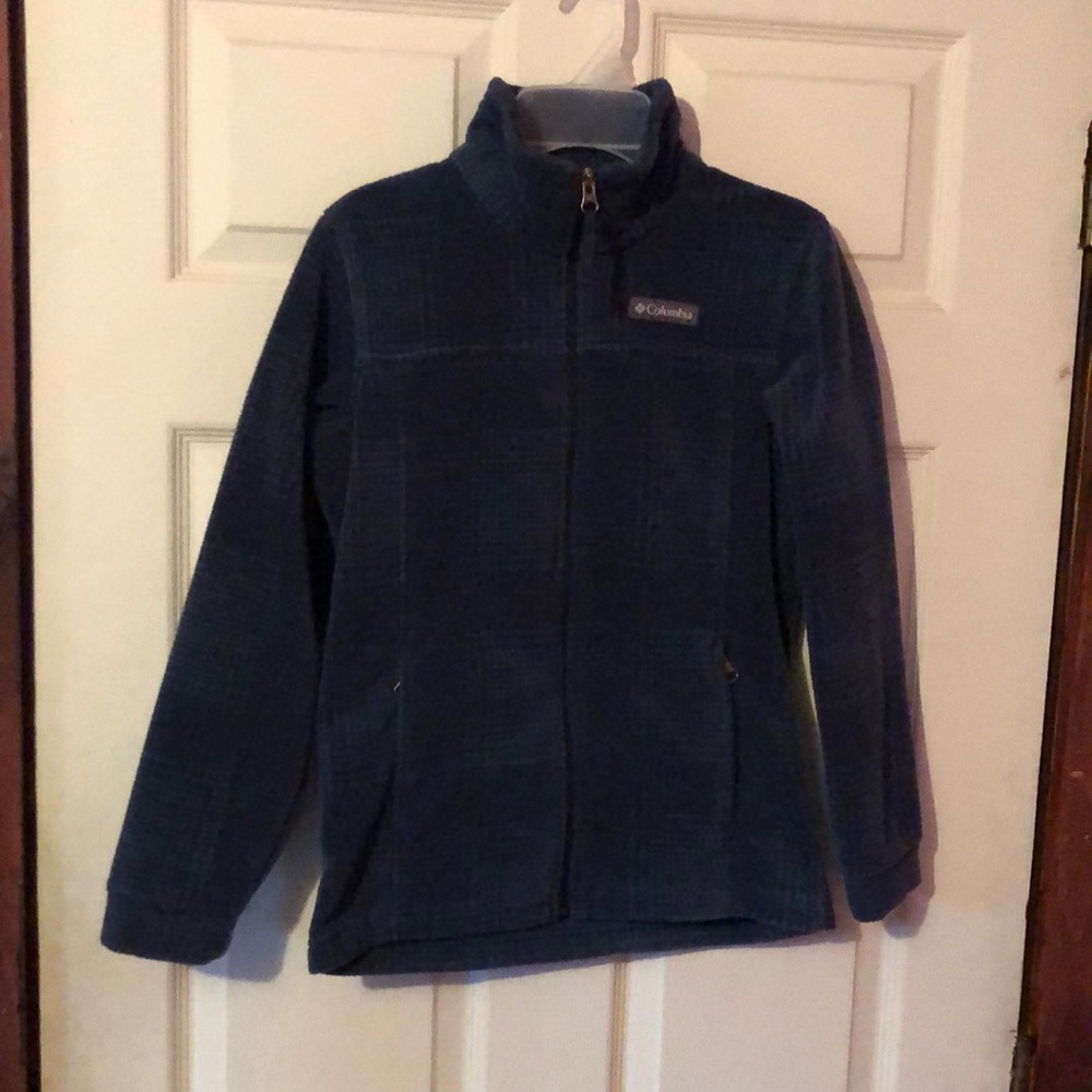 Columbia Blue Graphic Plaid Fleece Zip Up Mock Neck Jacket Boys Medium M 10/12
